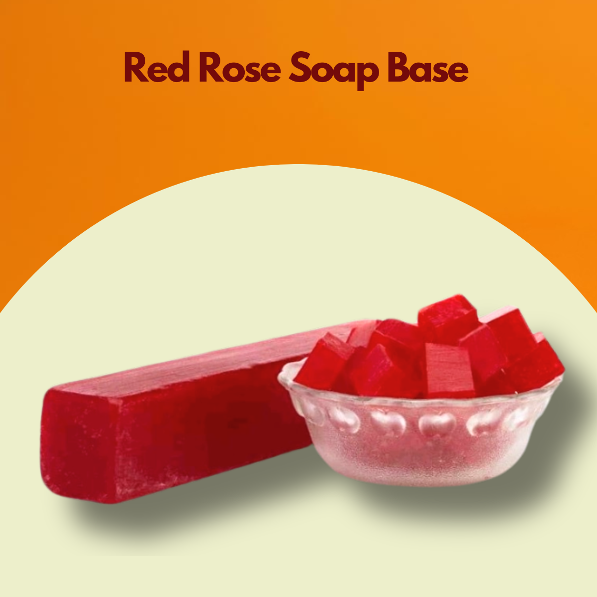 Red Rose Soap Base text shown above a vibrant red soap block with cubed pieces arranged in a glass bowl. This red rose melt and pour soap base emphasizes its bold floral inspired color for decorative soap making.