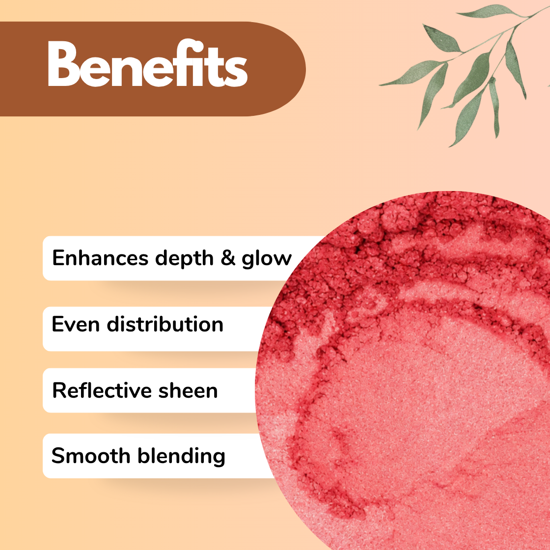 Red mica powder benefits image showcasing enhanced glow and depth, even distribution, reflective sheen and smooth blending for makeup, soap making, resin art and cosmetic formulations. Vibrant red cosmetic grade mica pigment with metallic shimmer used in lip products, blush, body shimmer oils and handmade skincare products.
