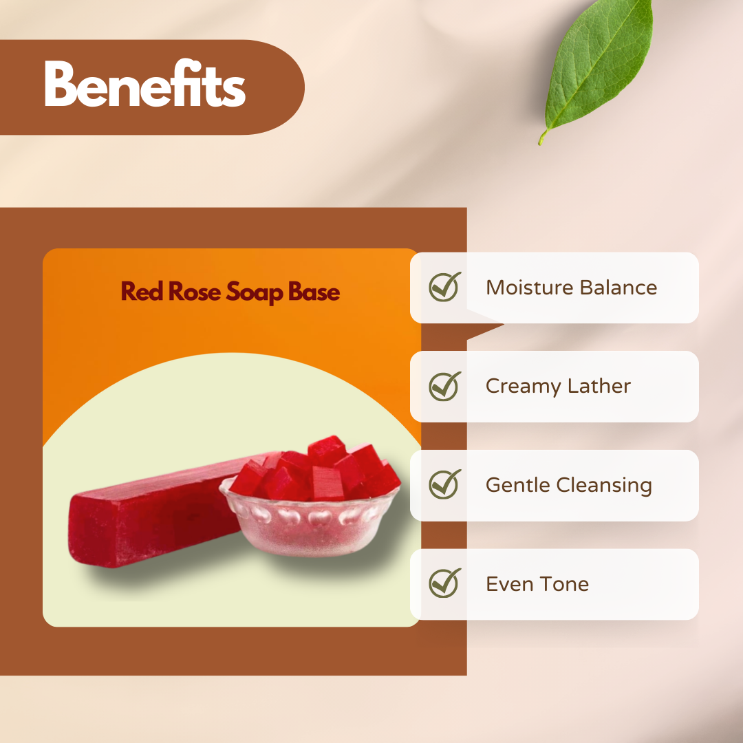  Graphic featuring Red Rose Soap Base with a red soap bar and cubes. Text reads Moisture Balance, Creamy Lather, Gentle Cleansing, Even Tone. This red rose soap base for handmade soap highlights balanced hydration and smooth skin tone.