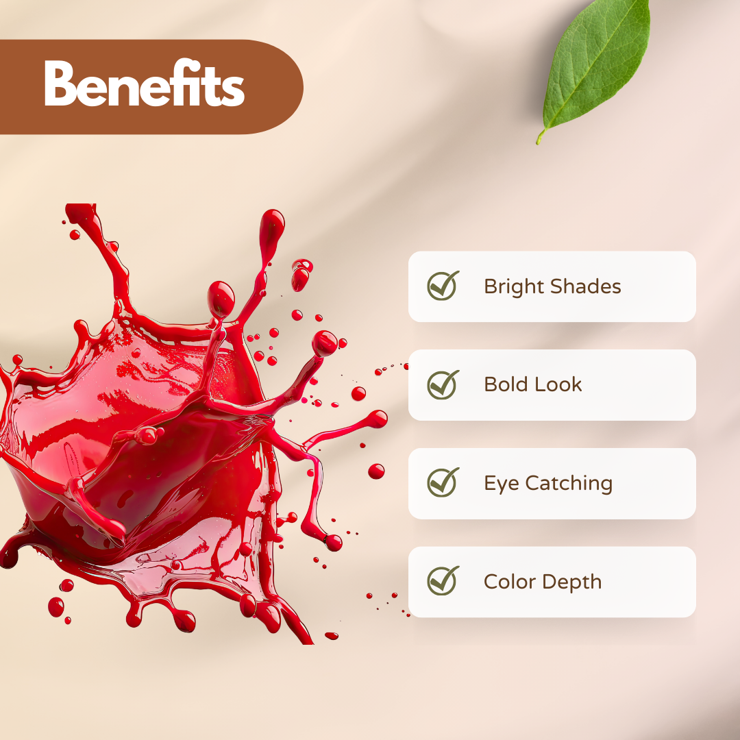 Red Soap Color splashes dynamically across a beige background. To the right, benefits of "Bright Shades," "Bold Look," "Eye Catching," and "Color Depth" are listed with checkmarks.