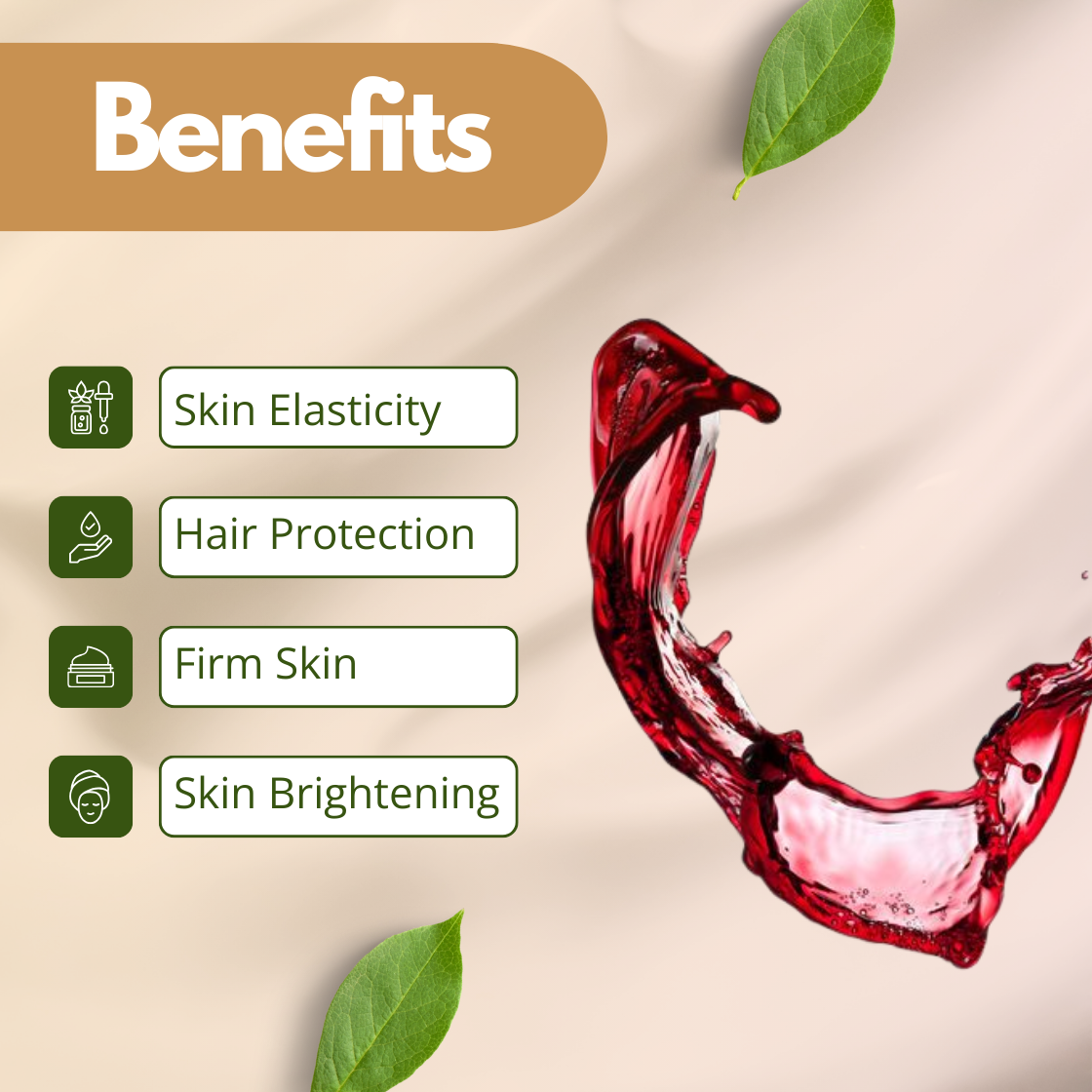 A dynamic graphic for Red Wine Extract showing a large, artistic splash of deep burgundy red wine. The text highlights benefits such as Skin Elasticity, Hair Protection, Firm Skin and Skin Brightening. This visual captures the concentrated polyphenols found in this luxury botanical extract for anti aging formulations
