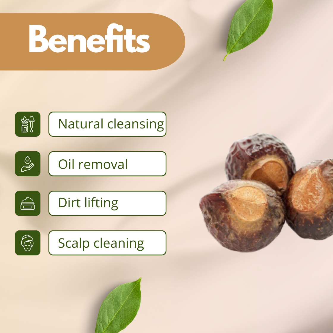 Natural cosmetic use "Extract"  infographic displaying dried Reetha used for herbal cleansing formulations. The graphic highlights benefits including Natural cleansing, Oil removal, Dirt lifting and Scalp cleaning. This image represents "Reetha Extract" commonly used in herbal shampoos, natural soaps, hair care products and cosmetic formulations.

