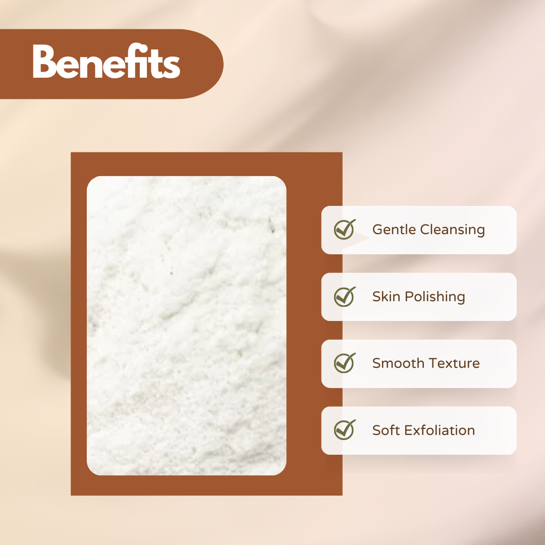 Close up image of white "Rice Flour" powder with benefits listed of Rice Flour Powder : gentle cleansing, skin polishing, smooth texture, soft exfoliation. Beige background.