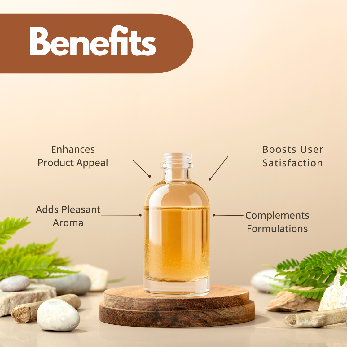 A glass bottle of amber liquid on a wooden stand, surrounded by stones and ferns. Text highlights benefits: aroma, appeal, satisfaction, and formulation.