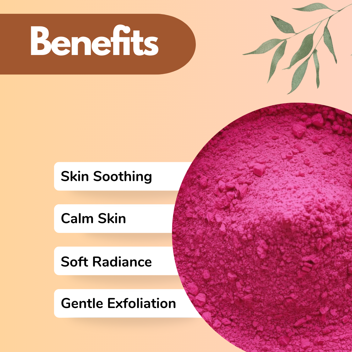 Benefits image featuring a vibrant pink Rose Petal herbal powder with fine granules inside a circular crop. The labels Skin Soothing, Calm Skin, Soft Radiance, and Gentle Exfoliation describe this botanical powder as a natural glow enhancing and calming herbal skincare ingredient.