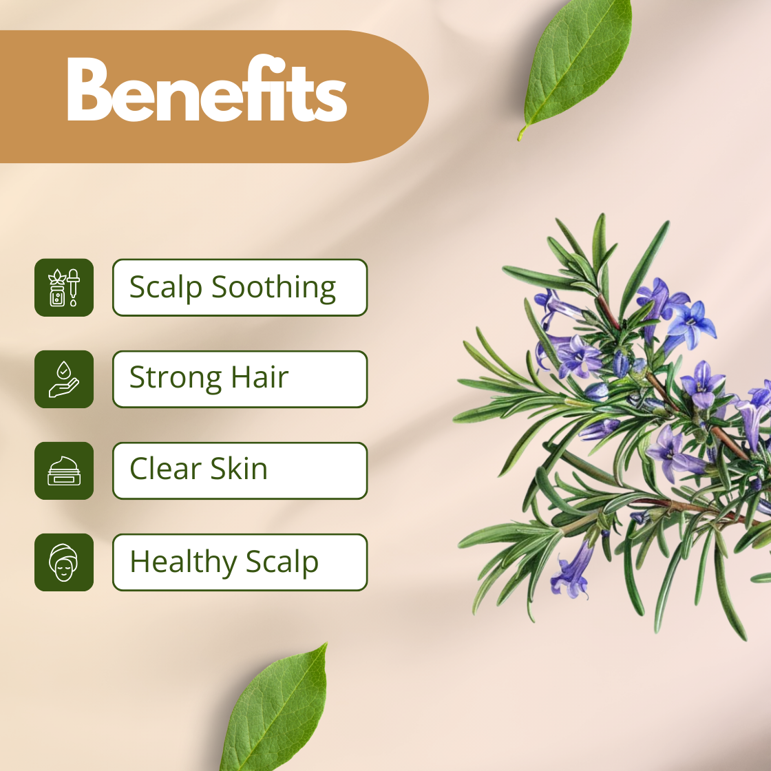 An aromatic graphic for Rosemary Extract featuring several sprigs of needle like green rosemary leaves and small, delicate purple flowers. The listed benefits are Scalp Soothing, Strong Hair, Clear Skin and Healthy Scalp. This image emphasizes the stimulating and purifying qualities of this herbal botanical extract for hair care.