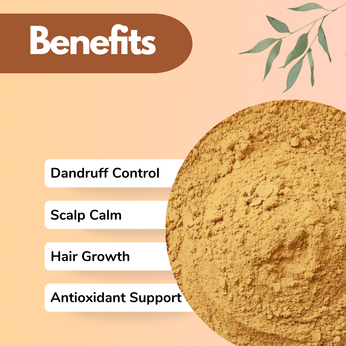Benefits image showing a Rosemary herbal powder with visible fine particles. Text highlights Dandruff Control, Scalp Calm, Hair Growth, and Antioxidant Support, positioning this  herbal powder as a strengthening botanical ingredient for scalp health and natural hair growth blends.