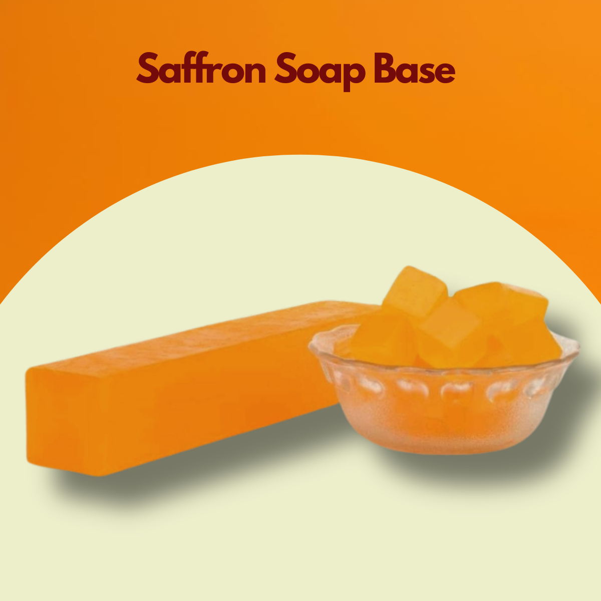 Saffron Soap Base text above a golden orange soap block with cubed pieces arranged in a bowl. This saffron melt and pour soap base emphasizes its rich hue and ready to use format for premium soap crafting.
