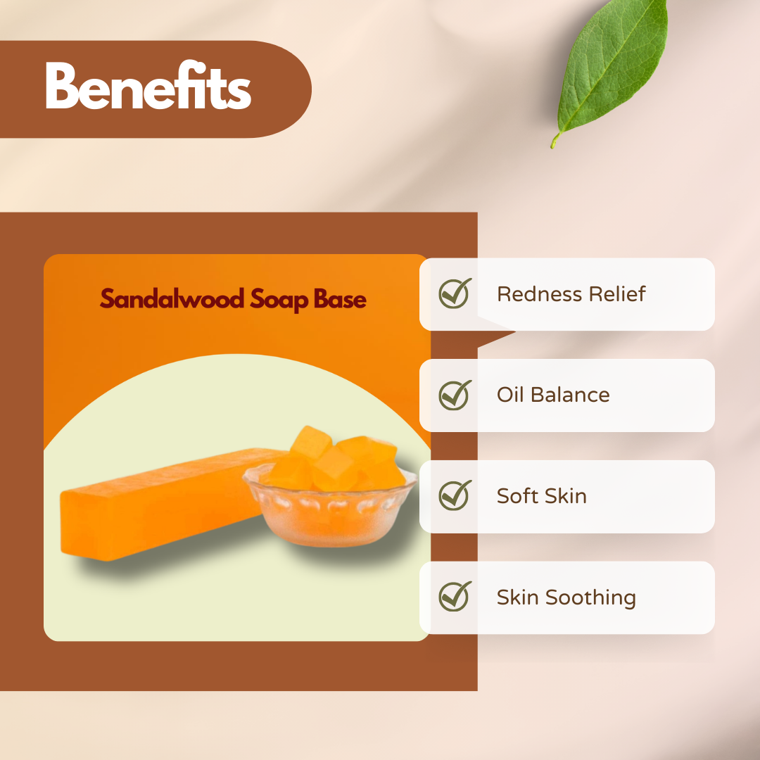 Benefits layout featuring Sandalwood Soap Base with an orange soap bar and cubes. Text reads Redness Relief, Oil Balance, Soft Skin, Skin Soothing. This sandalwood soap base for handmade soap supports calming and balanced skin care.
