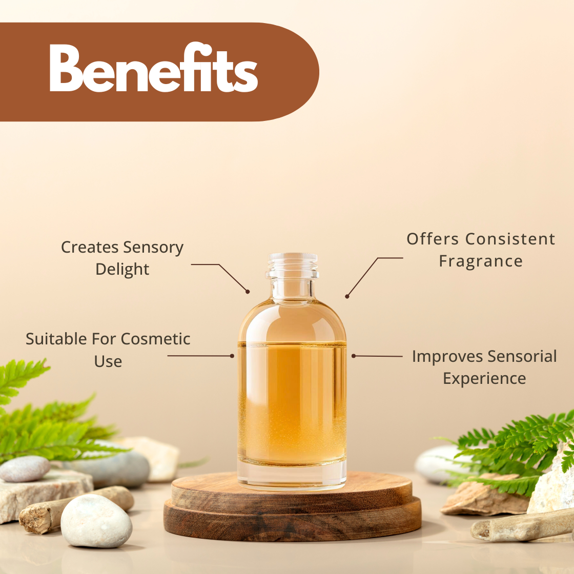 Amber glass bottle on a wooden platform, surrounded by stones and ferns. Text highlights benefits: sensory delight, cosmetic use, consistent fragrance.