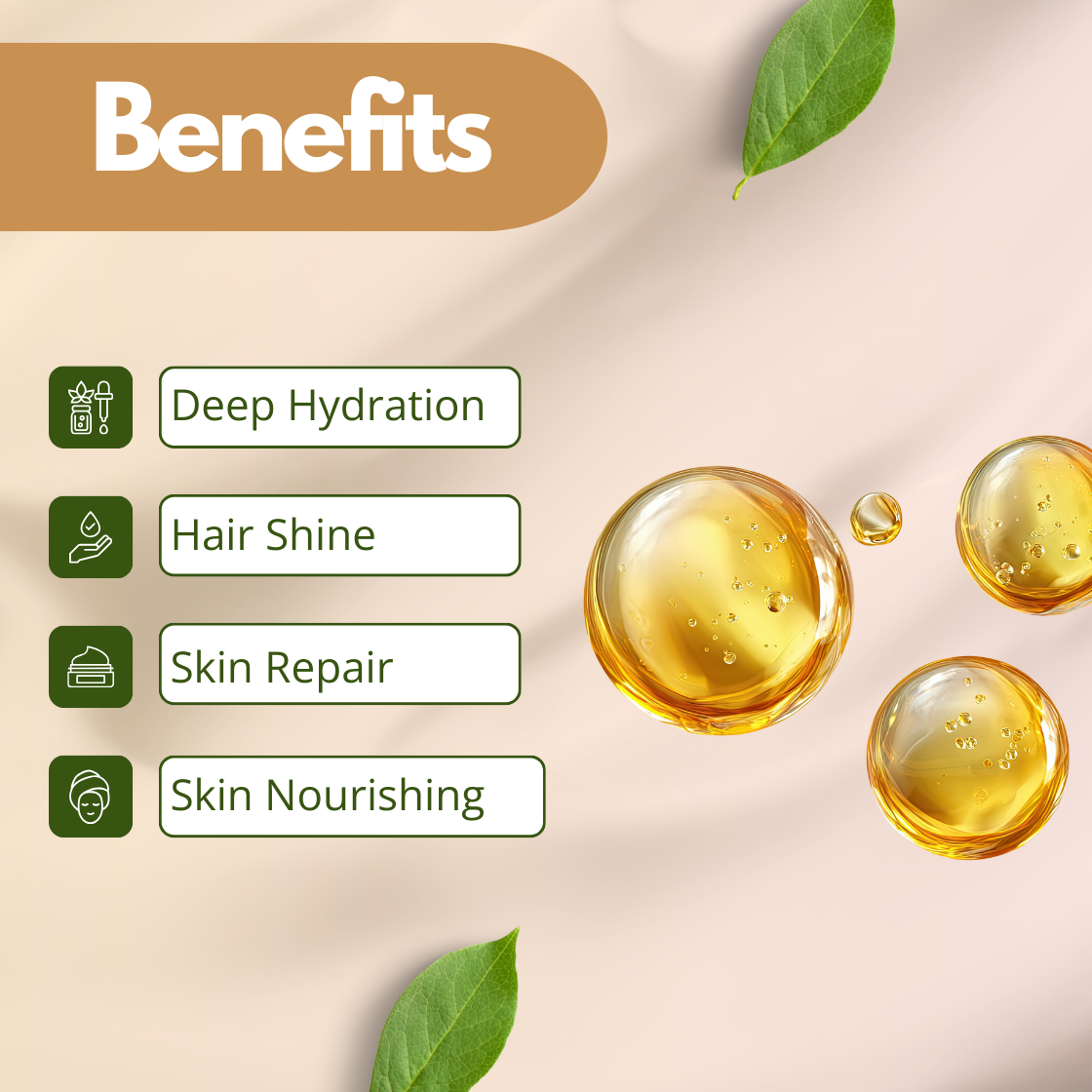 Image highlighting benefits of a sesame seed oil on a cream background. Features icons with text: 'Deep Hydration,' 'Hair Shine,' 'Skin Repair,' 'Skin Nourishing,' along with floating golden oil droplets and green leaves.