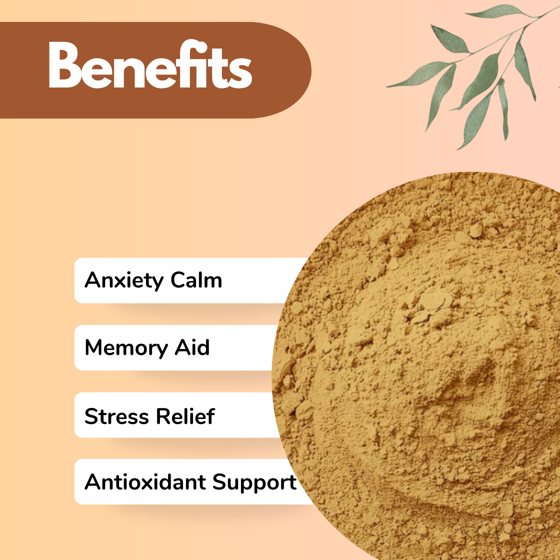 A graphic titled "Benefits" of a Shankpushpi Powder on a peach background features a round image of a brown powder. Benefits listed: Anxiety Calm, Memory Aid, Stress Relief, Antioxidant Support.