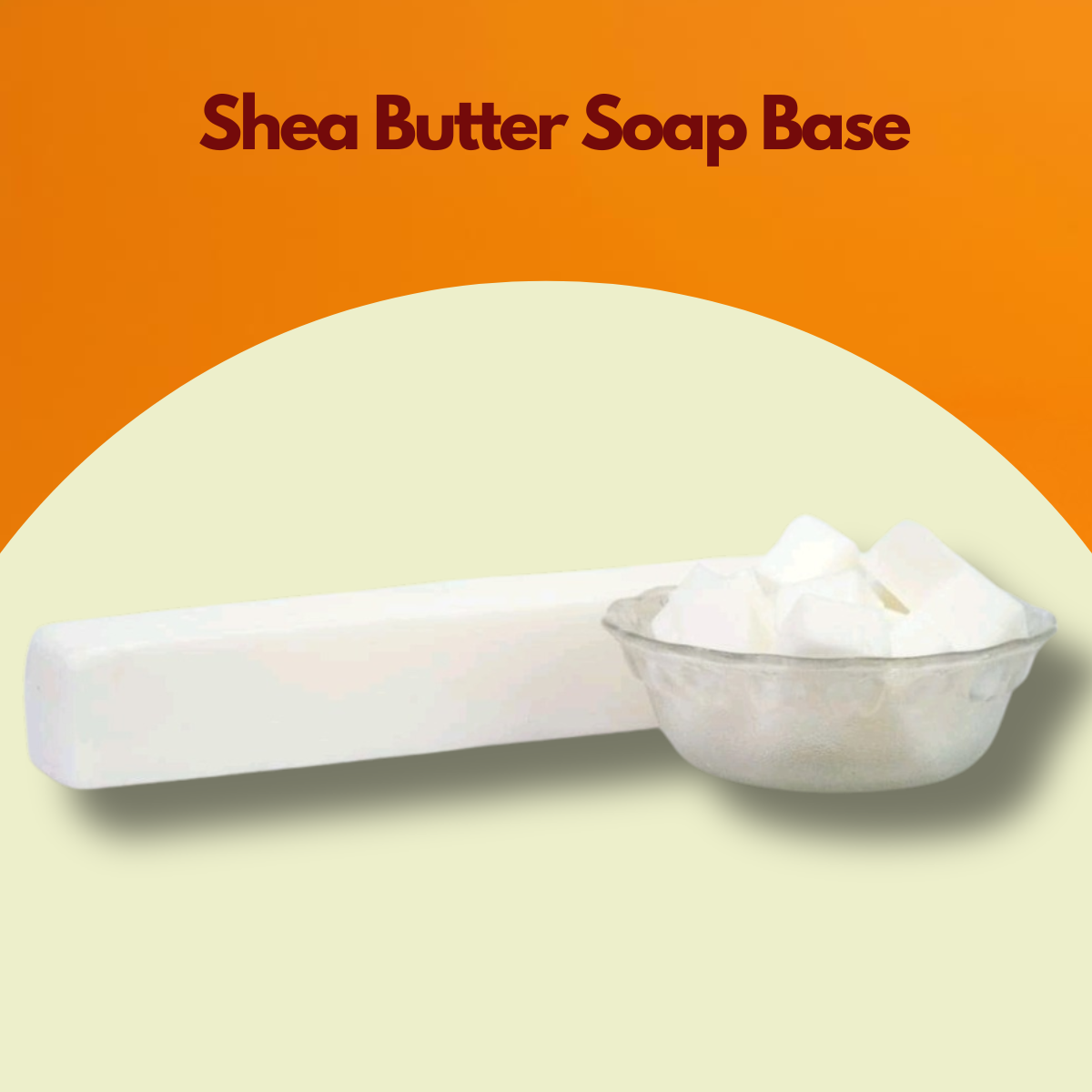 Shea Butter Soap Base text above a solid white soap block with uniform cubes placed in a clear bowl. This shea butter melt and pour soap base presents a rich creamy base ideal for nourishing handmade soap bars.