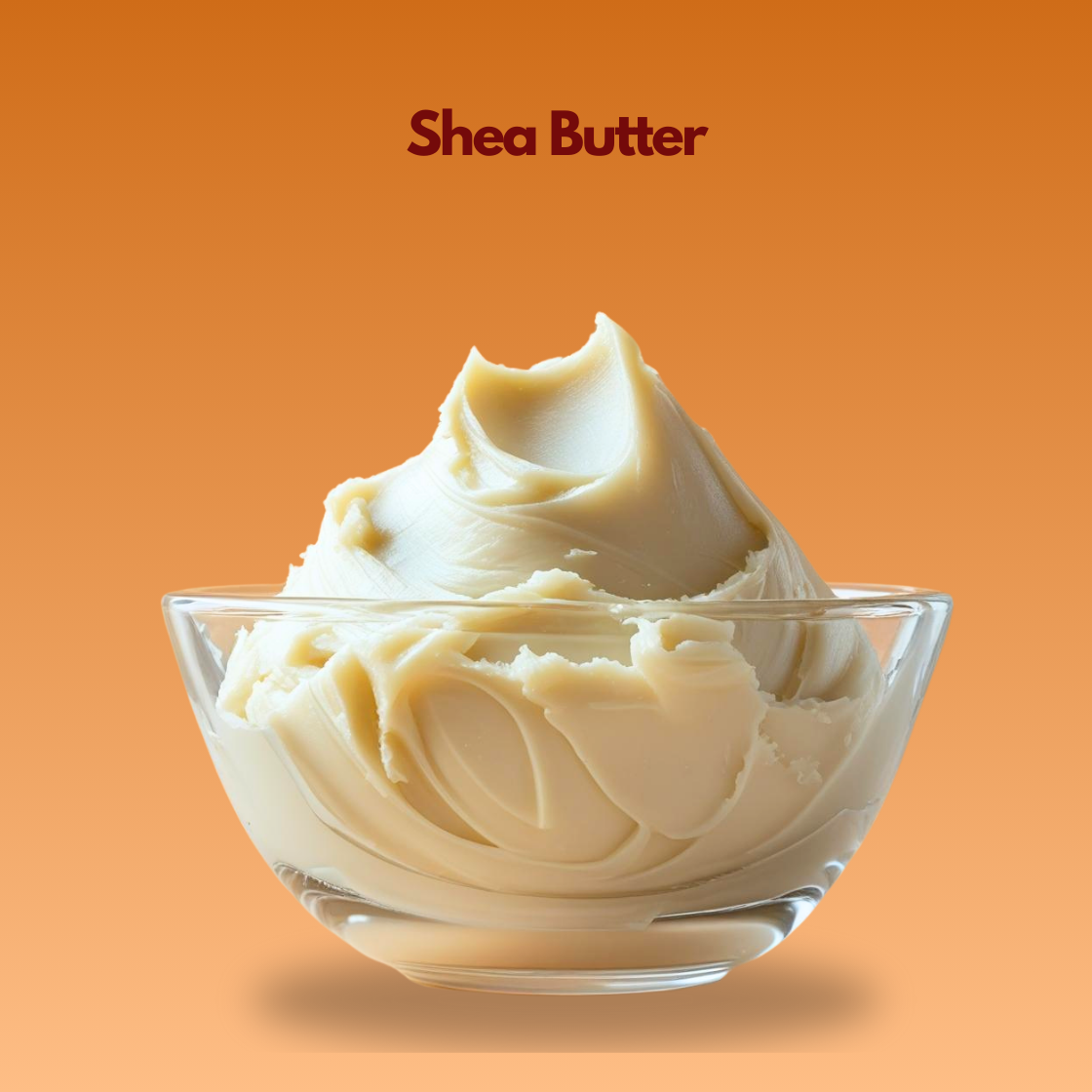 Shea Butter displayed as a creamy off white whipped butter in a clear glass bowl against a warm background. Cosmetic grade shea butter used in body butters, moisturizing creams, lip balms and haircare formulations to deeply nourish dry skin and improve softness.