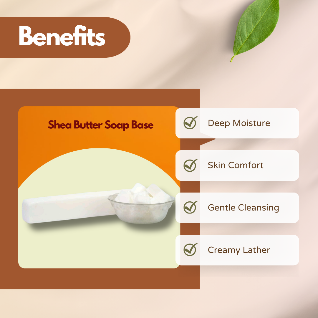 Graphic showing Shea Butter Soap Base with a white soap bar and cubes. Text reads Deep Moisture, Skin Comfort, Gentle Cleansing, Creamy Lather. This shea butter soap base for handmade soap provides rich hydration and smooth lather.