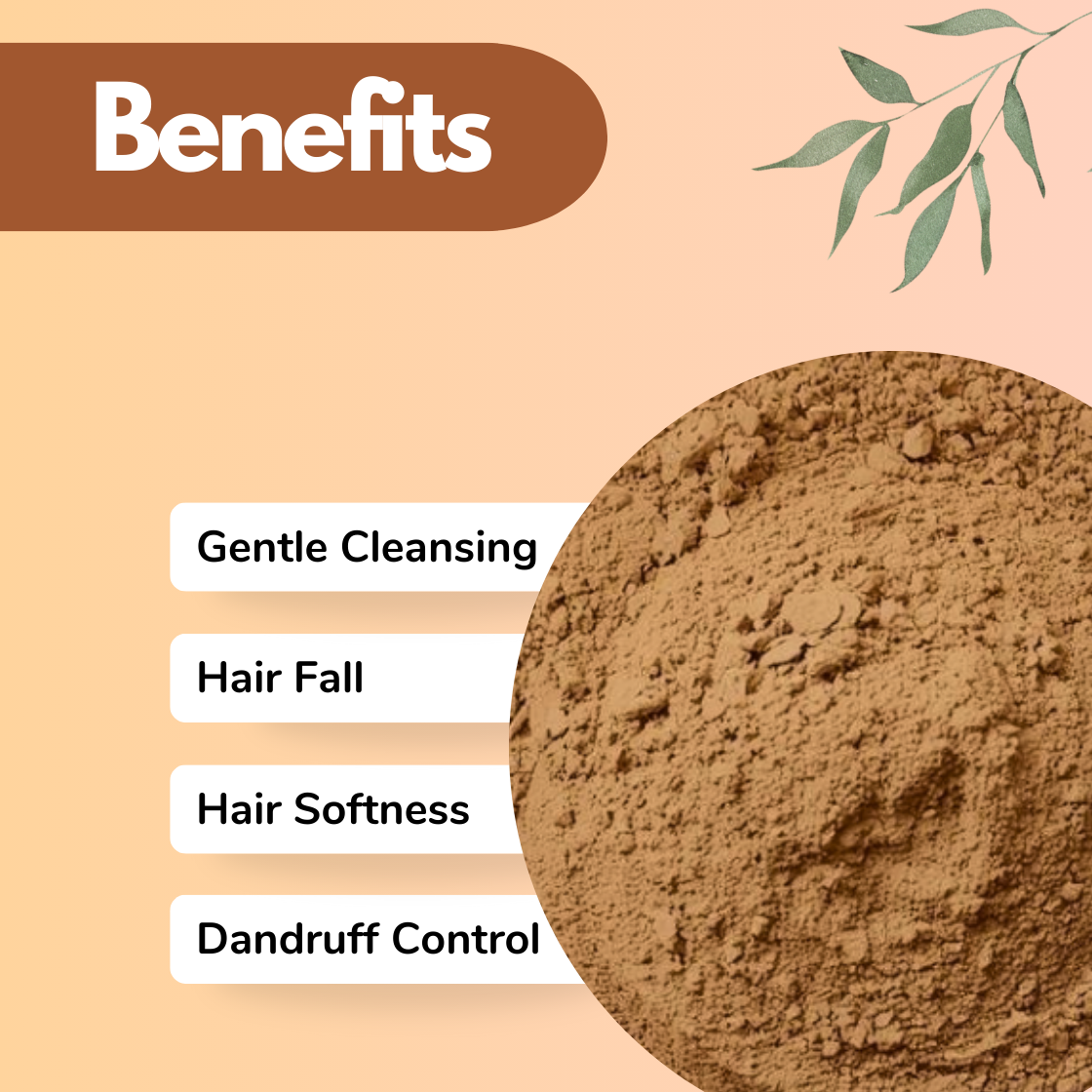 Natural herbal powder benefits graphic highlighting gentle cleansing, hair fall control, improved hair softness and dandruff control, featuring fine brown herbal powder texture, suitable for herbal hair masks, scalp treatments and herbal hair care products.