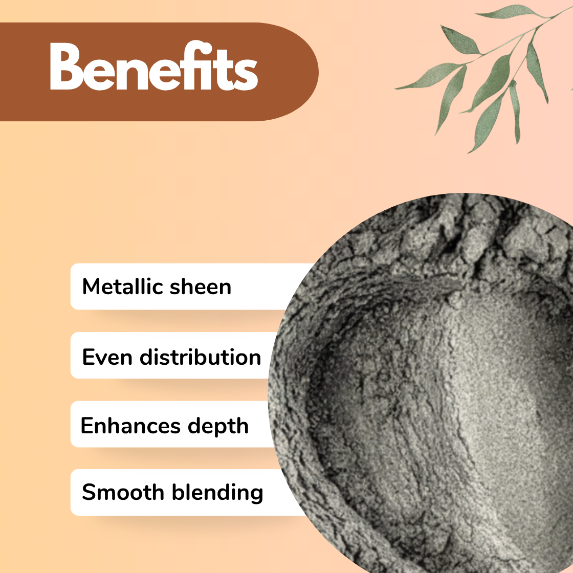 Silver mica powder benefits image highlighting metallic sheen, even distribution, enhanced depth and smooth blending for cosmetic formulations, resin art, candle making and soaps. Reflective silver cosmetic grade mica pigment used in eyeshadow, nail polish, lip gloss, body shimmer and luxury beauty applications.