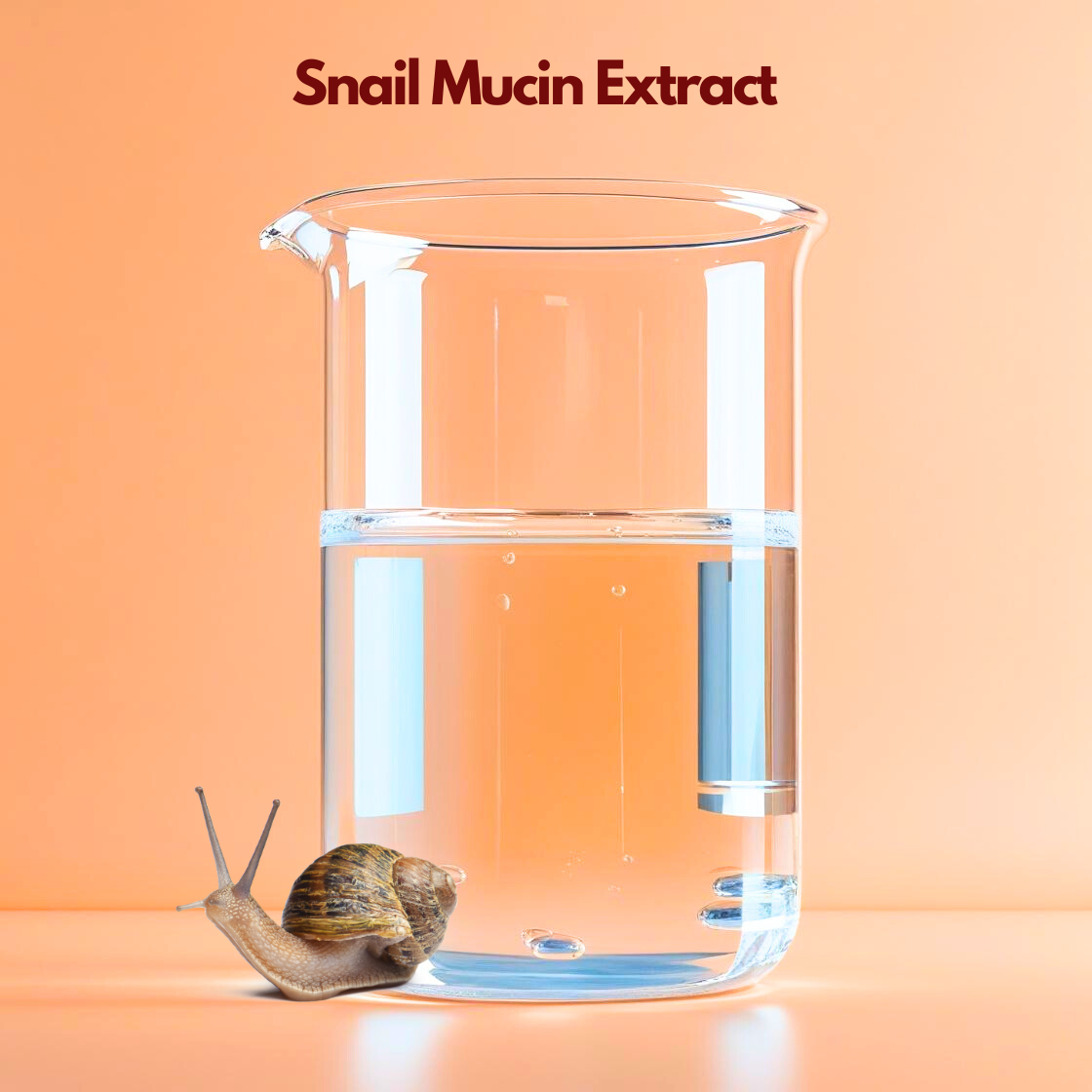   A clear glass beaker partially filled with transparent liquid is placed on a peach toned background with the heading “Snail Mucin Extract.” A realistic snail rests at the base of the beaker. This cosmetic grade extract is widely used in skincare products for hydration, skin barrier repair and smoothing benefits.