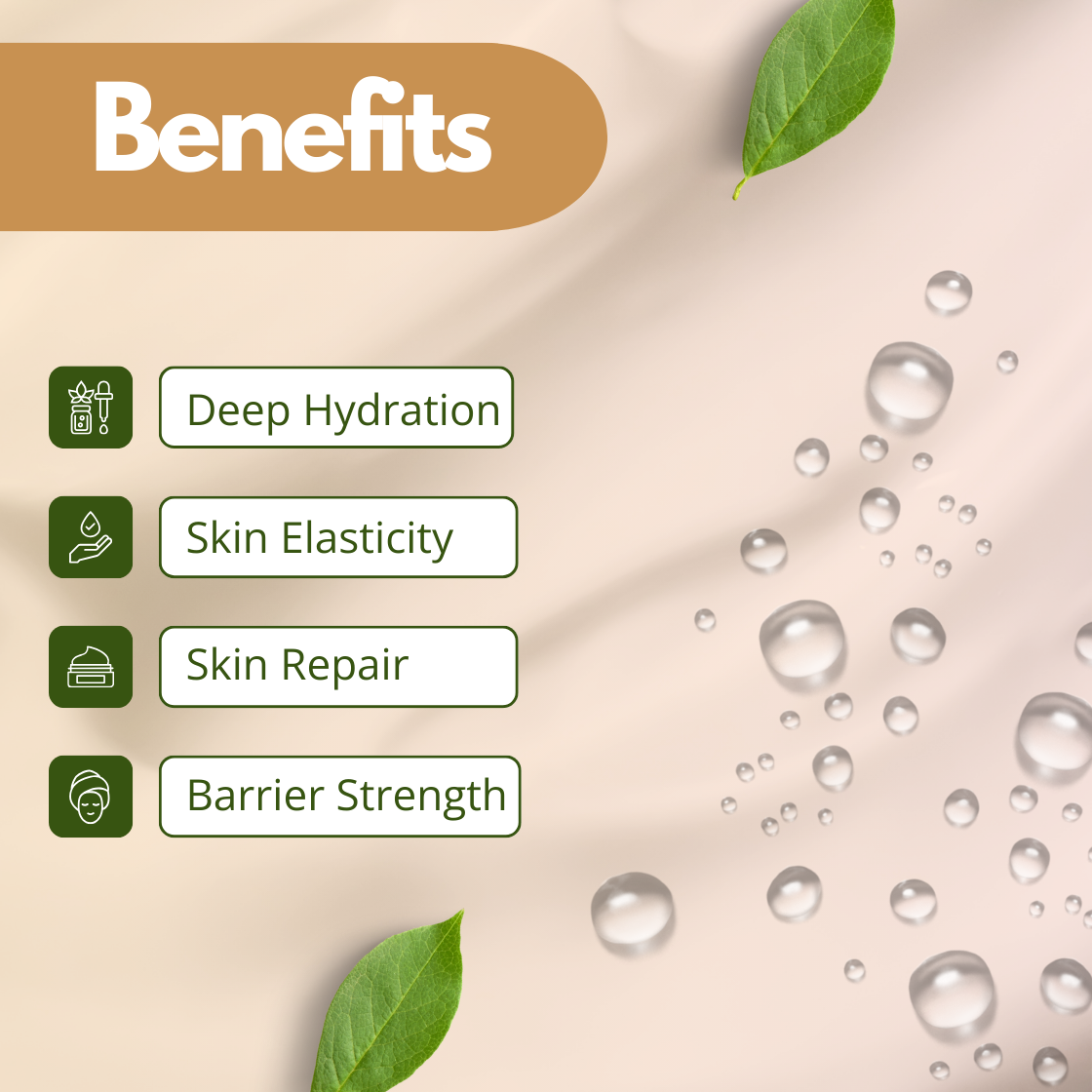 A clear glass beaker partially filled with transparent liquid is placed on a peach toned background with the heading “Snail Mucin Extract.” A realistic snail rests at the base of the beaker. This cosmetic grade extract is widely used in skincare products for hydration, skin barrier repair, and smoothing benefits.