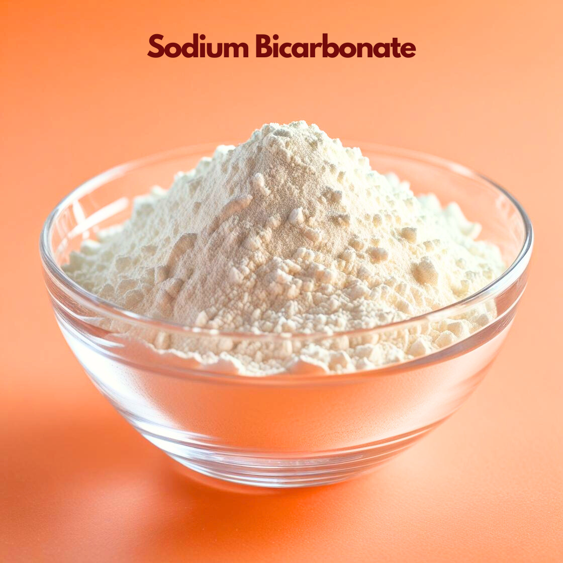 Clear glass bowl filled with fine white "Sodium Bicarbonate" powder labeled Sodium Bicarbonate placed on a bright orange background. Sodium bicarbonate also known as baking soda is used in cosmetic formulations bath products and scrubs for cleansing and mild exfoliation.