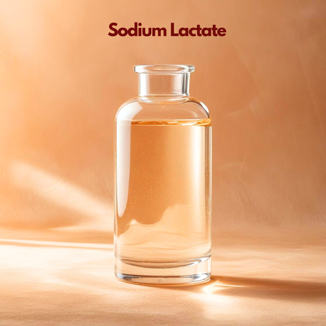 Clear glass bottle filled with transparent liquid labeled "Sodium Lactate" displayed on a warm orange background. Sodium lactate is a cosmetic humectant used in skincare and soap formulations to improve hydration hardness and moisture retention.