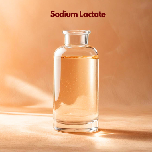 Clear glass bottle filled with transparent liquid labeled "Sodium Lactate" displayed on a warm orange background. Sodium lactate is a cosmetic humectant used in skincare and soap formulations to improve hydration hardness and moisture retention.