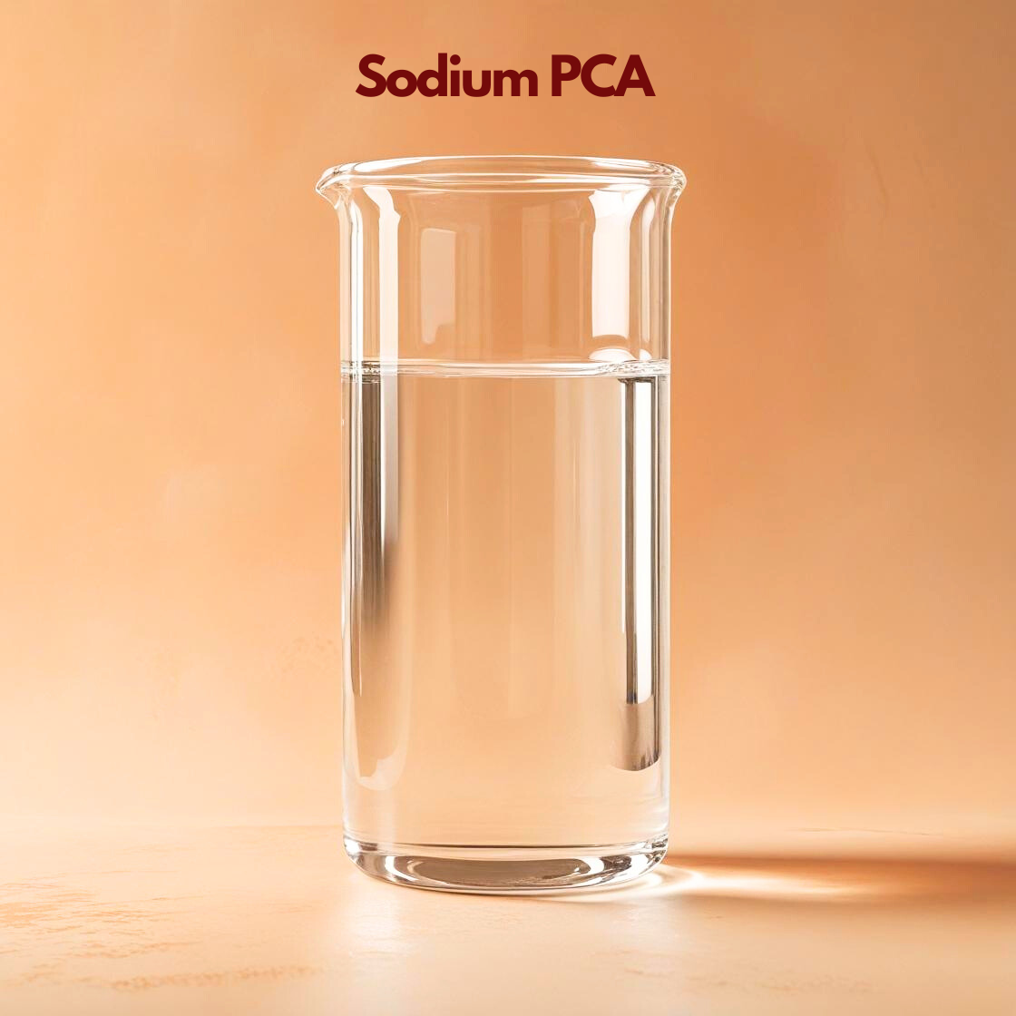 Transparent laboratory beaker filled with clear liquid labeled "Sodium PCA" placed on a warm orange background. Sodium PCA is a natural moisturizing factor ingredient widely used in skincare formulations to improve skin hydration and moisture balance.