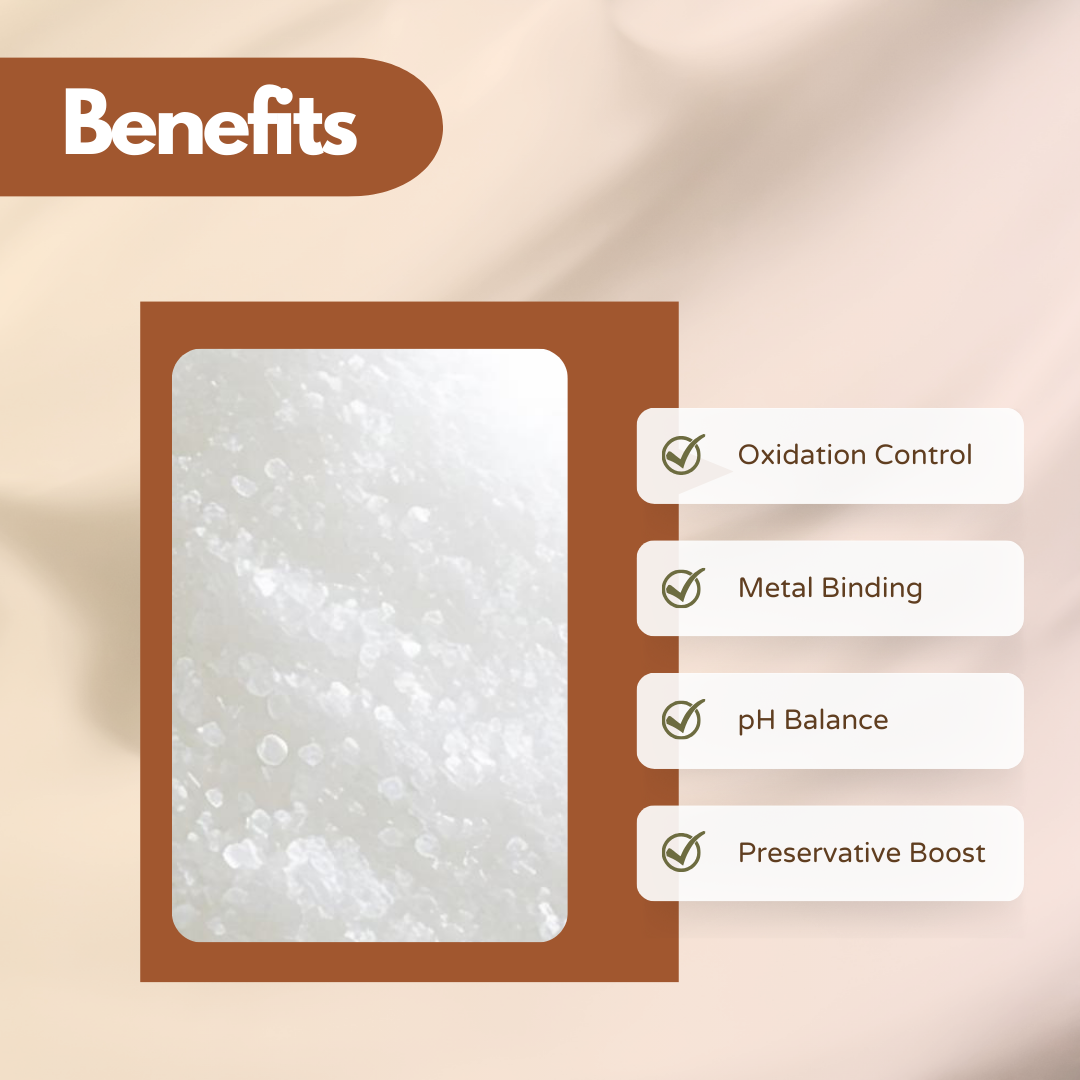 Cosmetic ingredient infographic showing "Sodium Gluconate" cosmetic ingredient crystals in a rectangular frame with formulation benefits including oxidation control, metal binding, pH balance and preservative boosting. Sodium Gluconate is a key chelating agent used in skincare formulations, shampoos, cleansers and cosmetic manufacturing to stabilize formulas. 