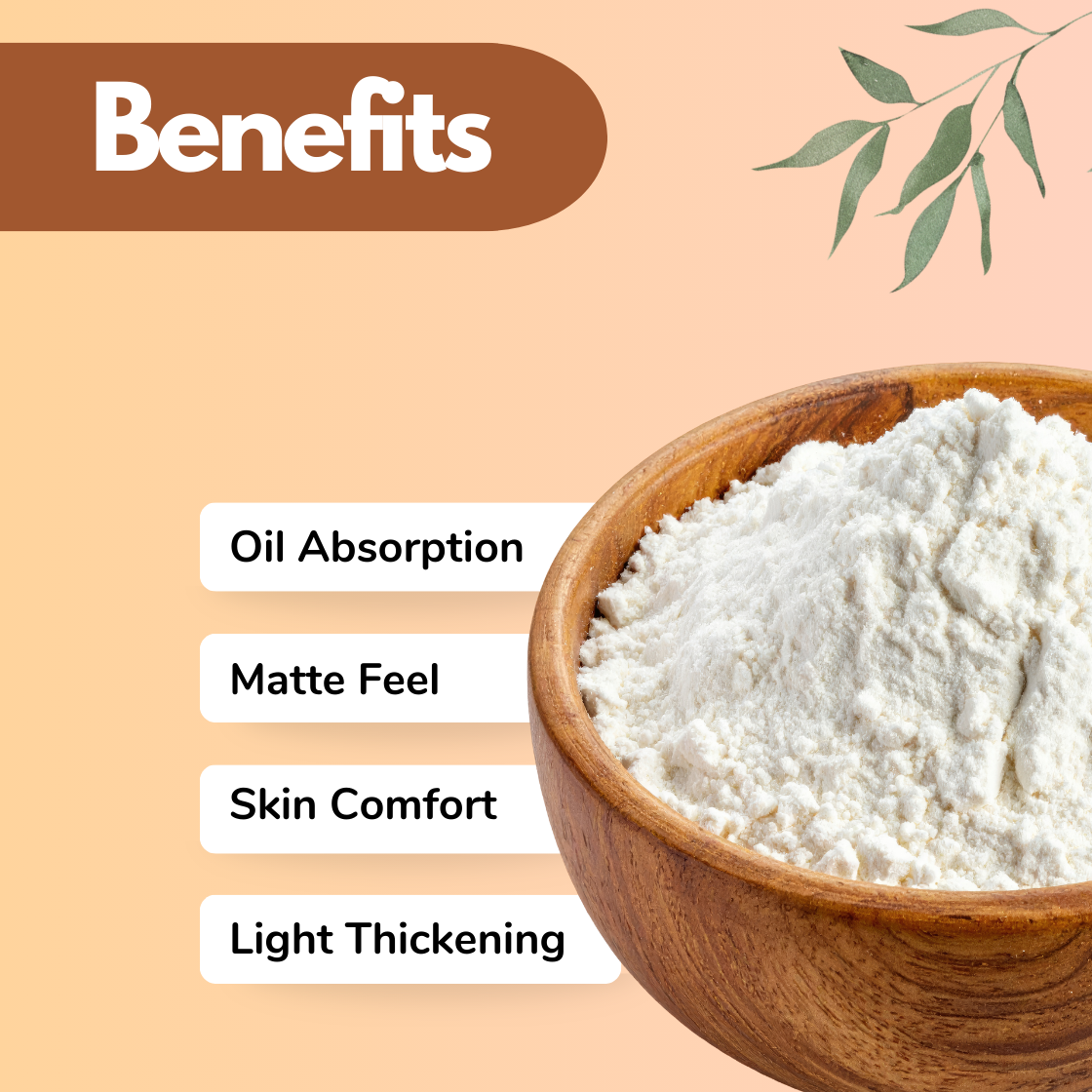 Cosmetic ingredient infographic featuring "Sodium Starch" inside a wooden bowl with botanical design, highlighting skincare benefits including oil absorption, matte feel, skin comfort and light thickening. Sodium Starch is a widely used  cosmetic raw material used in personal care formulations.