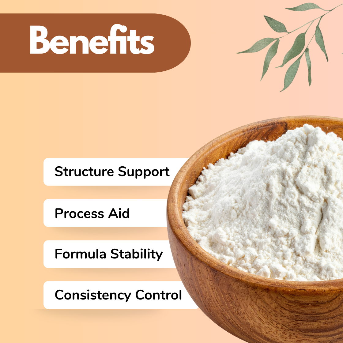 Wooden bowl of white Sodium Sulphate cosmetic ingredient powder on a peach background with green leaves. Text: "Benefits" with labels "Structure Support," "Process Aid," "Formula Stability," "Consistency Control."