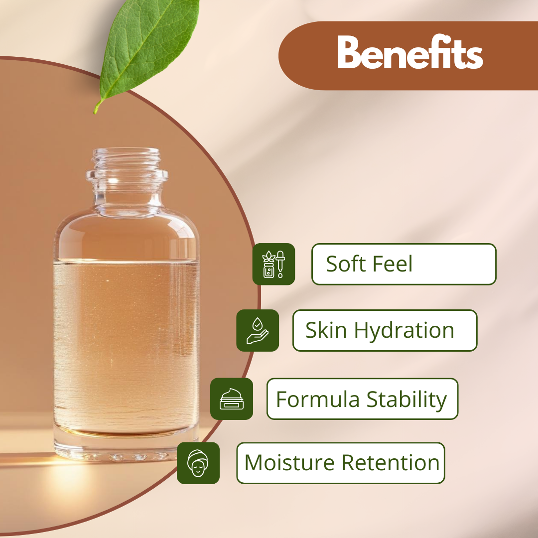 Cosmetic ingredient infographic featuring Sorbitol Liquid 70% inside a transparent glass bottle with botanical design, highlighting skincare benefits including Soft Feel, Skin Hydration, Formula Stability and Moisture Retention.  Sorbitol Liquid 70% is a widely used cosmetic raw material used in moisturizers, serums, lotions and personal care formulations to attract moisture and improve skin hydration.

