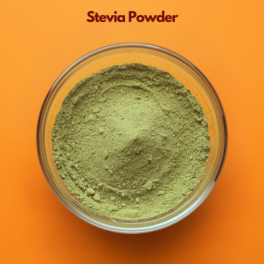 Stevia powder presented in a glass bowl as a fine green herbal powder for skincare with the text Stevia Powder on a bright orange background. This image represents a plant based herbal powder used as a natural ingredient in skincare for soothing skin supporting barrier health and as a natural sugar alternative in wellness formulations.