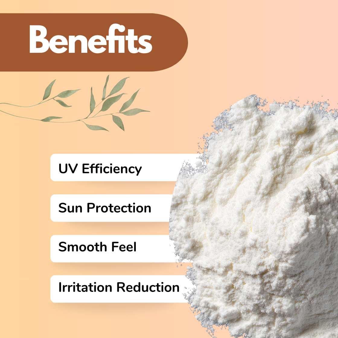 Organic skincare benefits of "Sunbio SPF Booster" infographic featuring a fluffy white powder on a pastel background. Text highlights UV Efficiency, Sun Protection, Smooth Feel and Irritation Reduction with a calm, natural aesthetic.