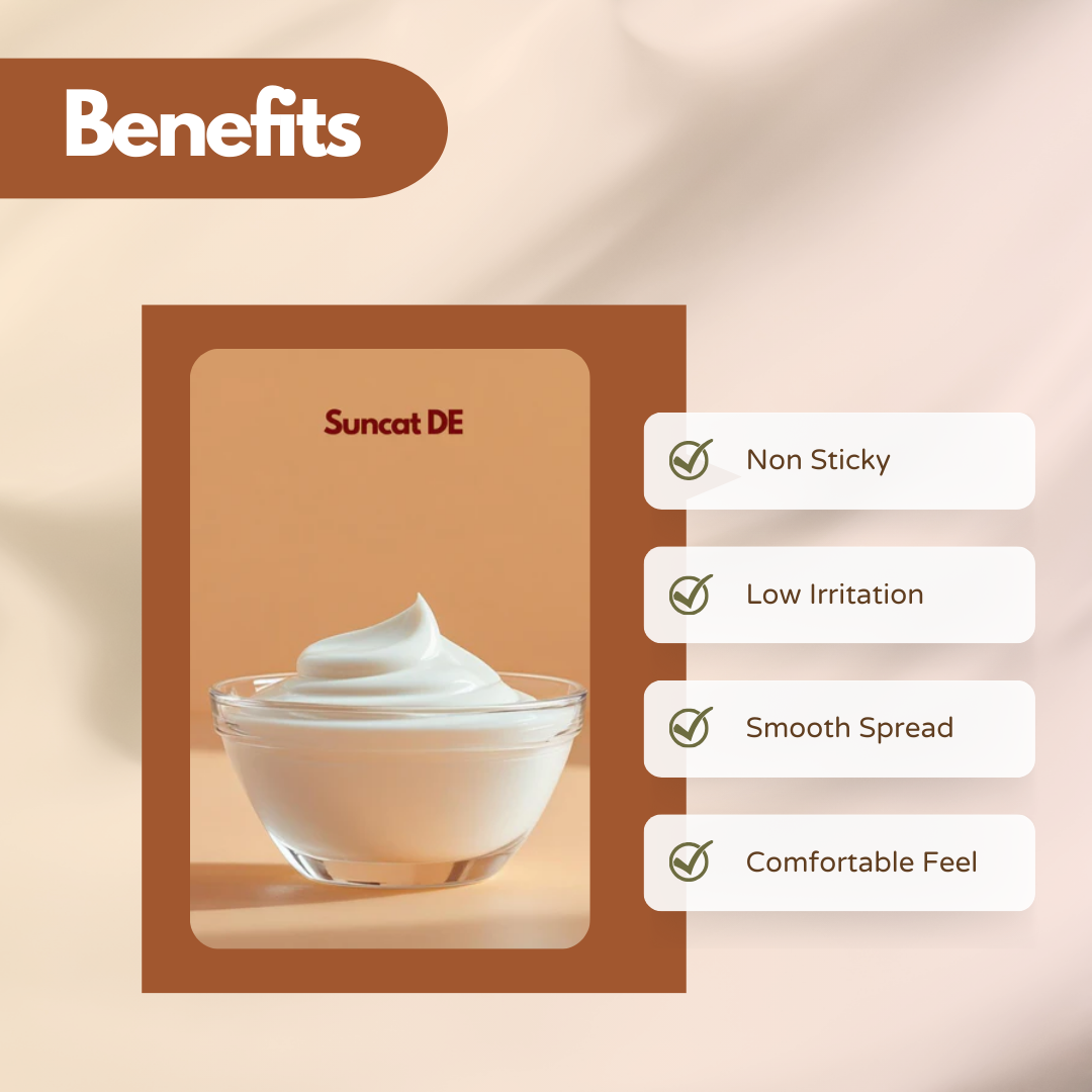 Cosmetic ingredient infographic showing Suncat DE sunscreen formulation ingredient with benefits including Non Sticky, Low Irritation, Smooth Spread and Comfortable Feel. Suncat DE is a cosmetic raw material used in sunscreen formulations and sun protection skincare products to enhance SPF performance and UV protection.