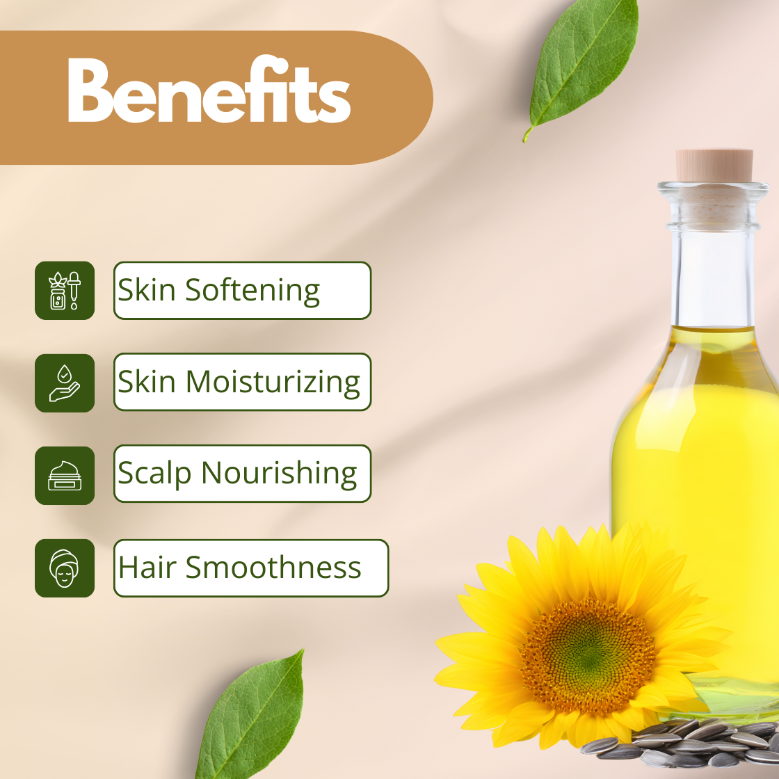 A bottle of oil next to a sunflower and seeds. The text "Benefits" of sunflower oil highlights skin softening, moisturizing, scalp nourishing, and hair smoothness.