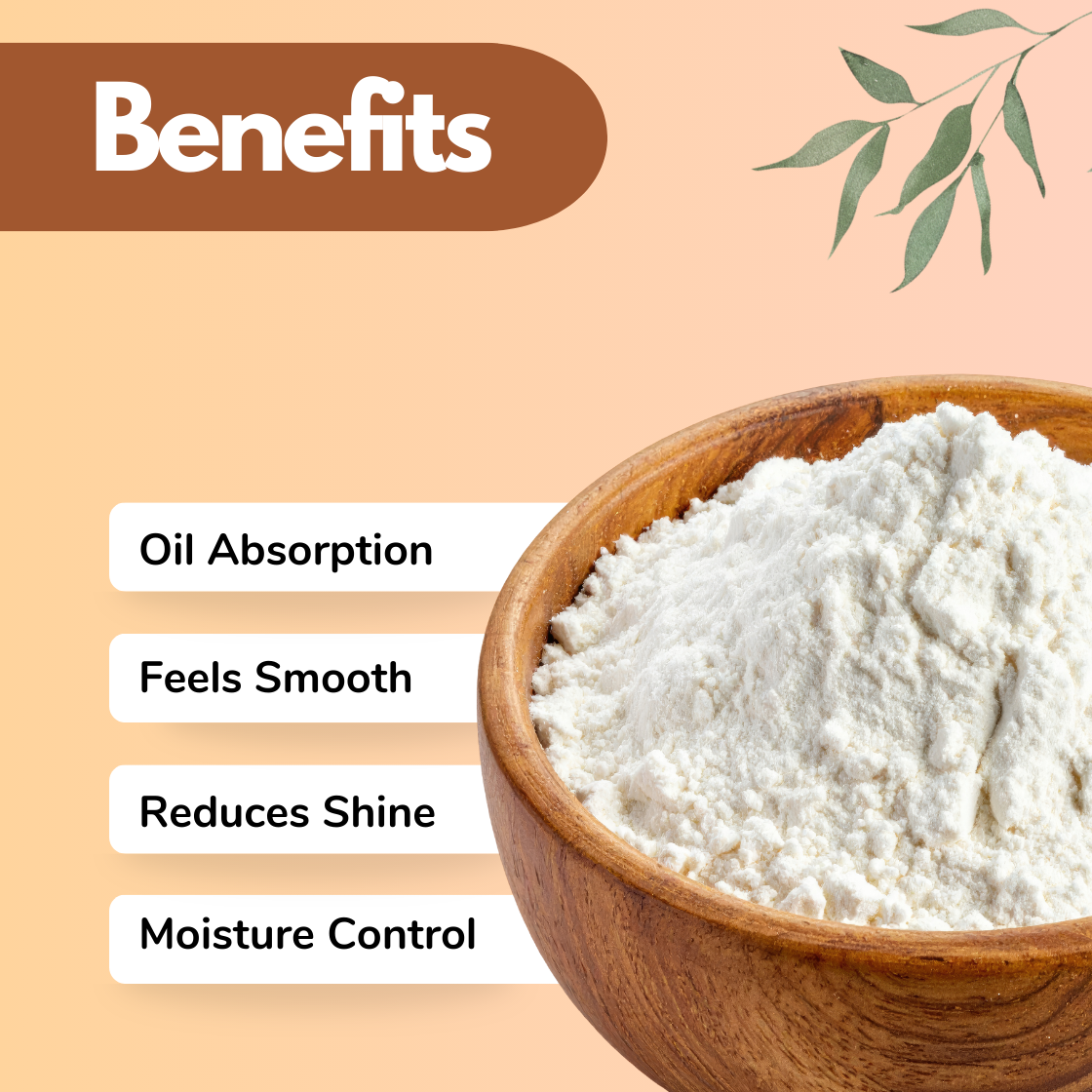  Infographic displaying "Talc" cosmetic powder in a wooden bowl with benefits including Oil Absorption, Feel Smooth, Reduces Shine and Moisture Control. Talc is a commonly used cosmetic raw material in face powders, makeup products and personal care cosmetic formulations for oil control and smooth skin finish.