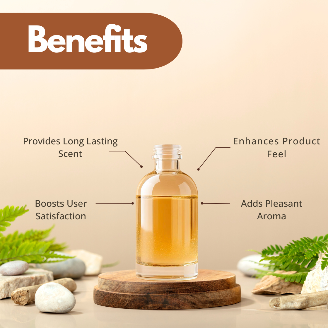 Glass bottle with amber liquid on a wooden platform, surrounded by pebbles and ferns. Text highlights benefits: long-lasting scent, user satisfaction, aroma, and product feel.