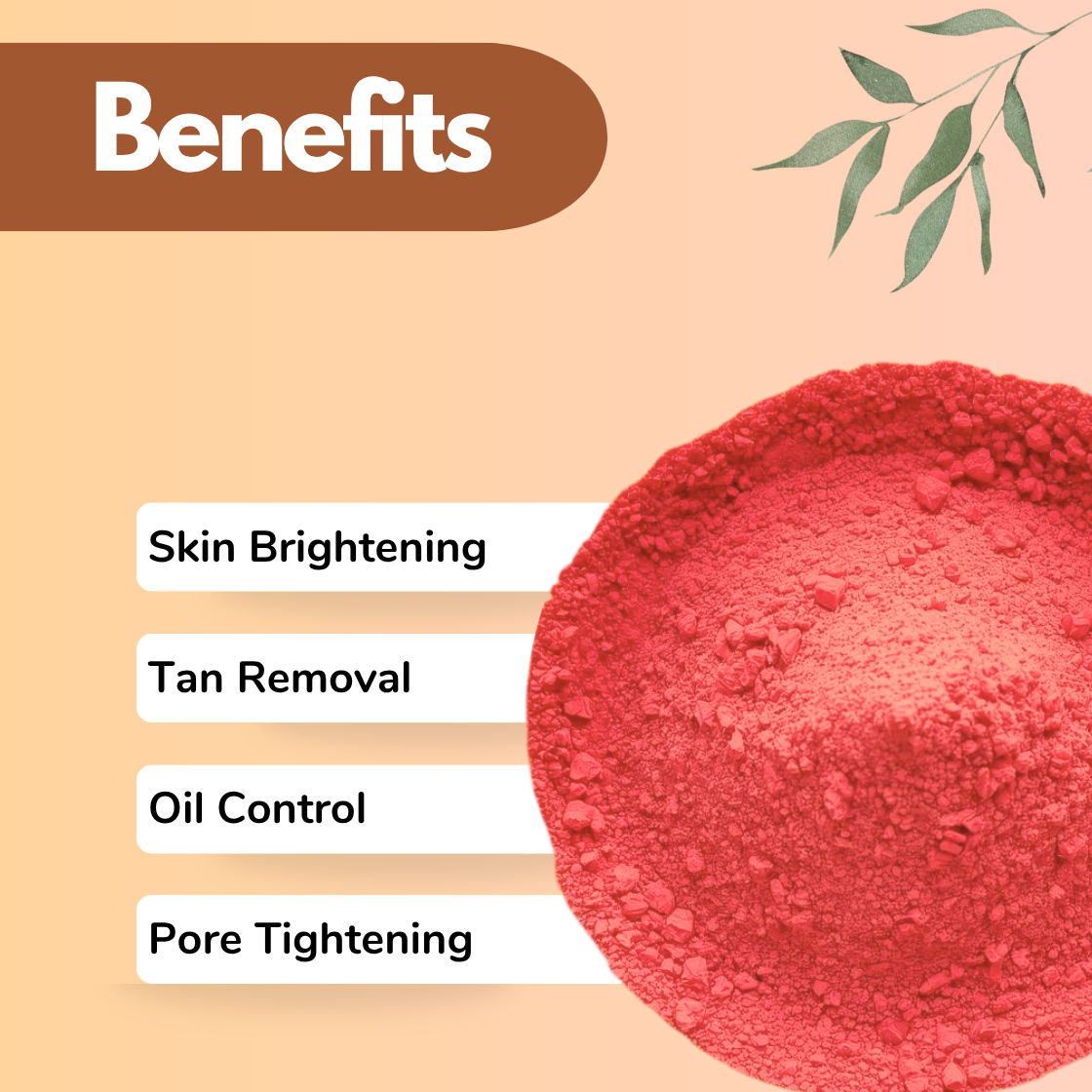 Tomato Powder Natural Herbal Powder for Skin Brightening & Tan Removal | Benefits image showcasing vibrant red Solanum lycopersicum tomato powder in a circular bowl on a peach background with green botanical leaf design. Tomato powder is natural cosmetic ingredient used in skin brightening formulations, tan removal face packs, oil control skincare treatments. Benefits displayed: Skin Brightening, Tan Removal, Oil Control Perfect for skincare brands & cosmetic formulators searching for tomato powder