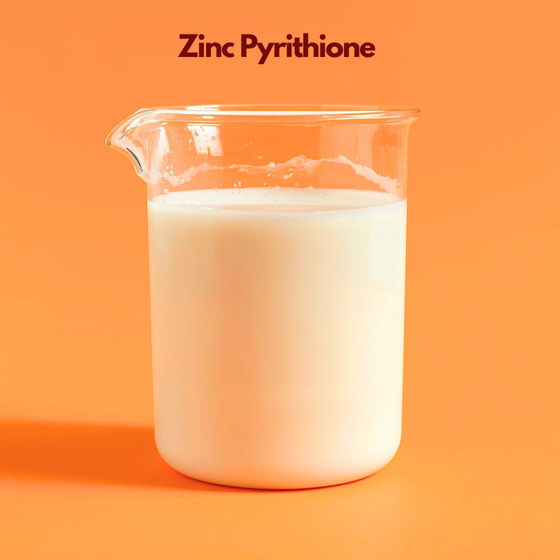 A clear glass beaker filled with Zinc Pyrithione, an milky white liquid with a smooth, thick consistency. The beaker sits against a vibrant orange background, highlighting the stark white of the product. The text "Zinc Pyrithione" is centered at the top.
