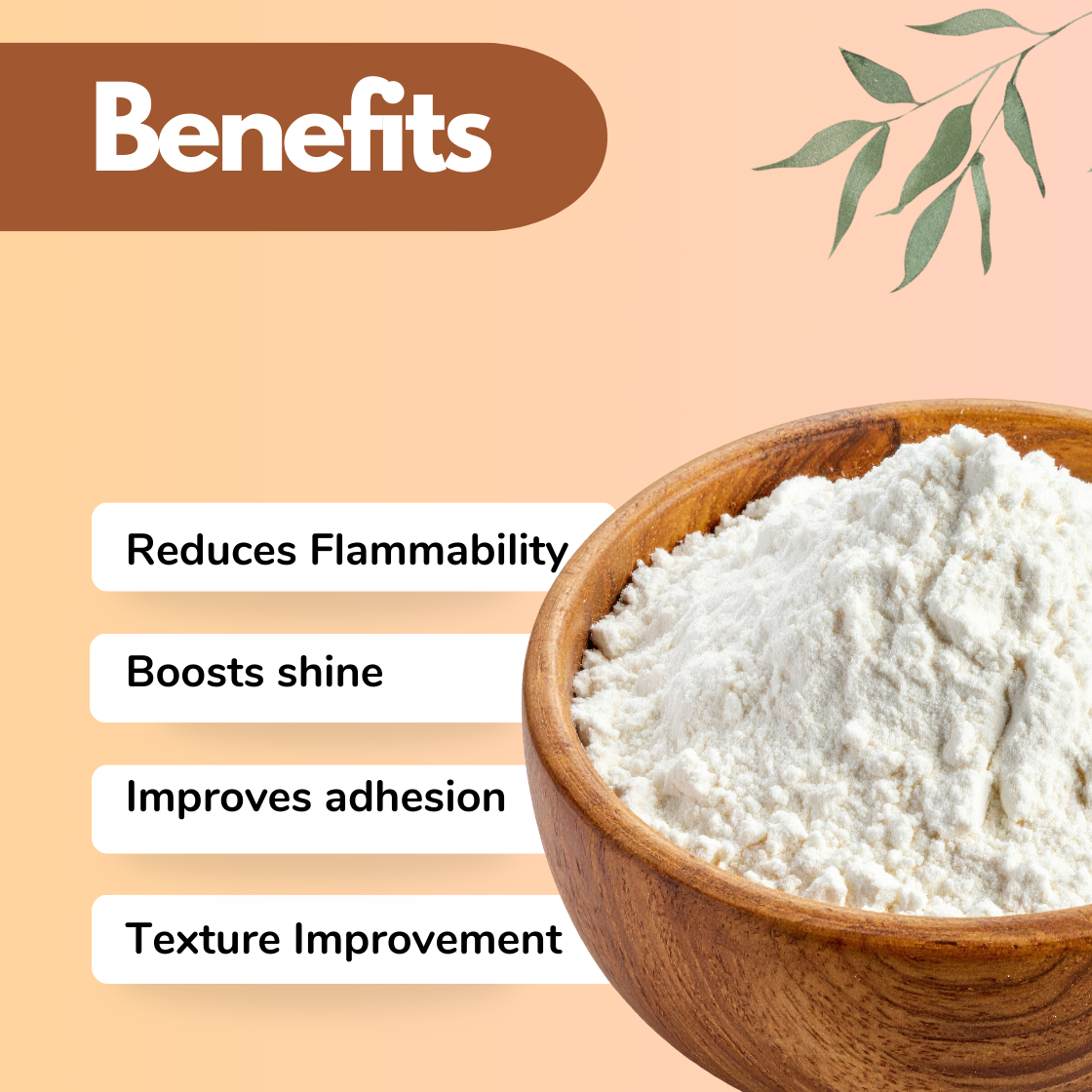 Cosmetic ingredient infographic showing "Triphenyl Phosphate" powder in a wooden bowl highlighting formulation benefits including reduced flammability, boosted shine, improved adhesion and texture improvement. Triphenyl phosphate is a cosmetic additive used in nail care formulations, coatings and cosmetic manufacturing to enhance product stability and performance.