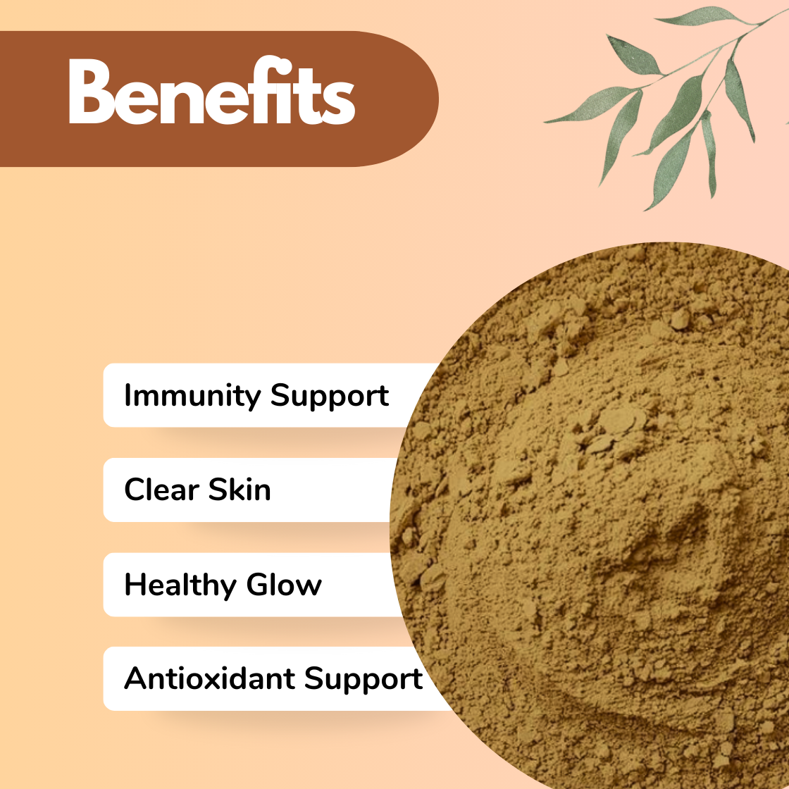  Natural Tulsi Leaf herbal powder infographic showing immunity support, clear skin, healthy glow, and antioxidant protection, featuring fine earthy toned powder texture used in herbal face packs and herbal skincare products.
