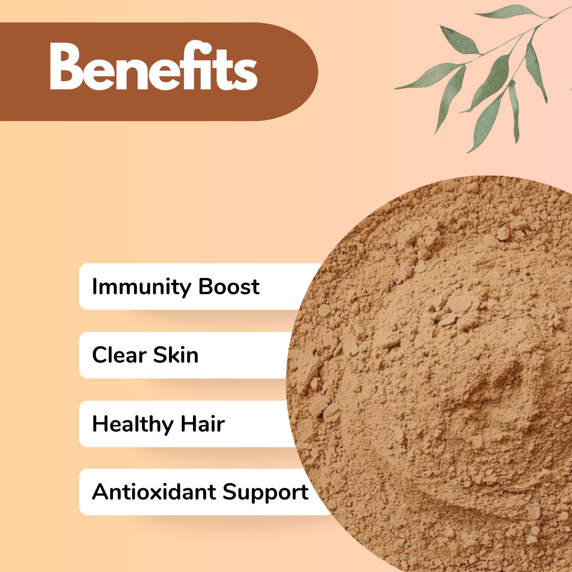 Tulsi Herbal powder benefits image highlighting immunity boost, clear skin, healthy hair support and antioxidant properties, with close up botanical powder texture suitable for herbal hair masks and skin treatment formulations.
