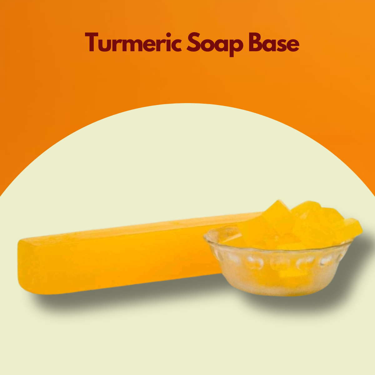 Graphic labeled Turmeric Soap Base featuring a bright yellow soap block next to a glass bowl of matching cubed pieces. This turmeric melt and pour soap base highlights its vibrant herbal tone and ready to cut format for DIY soap formulations.