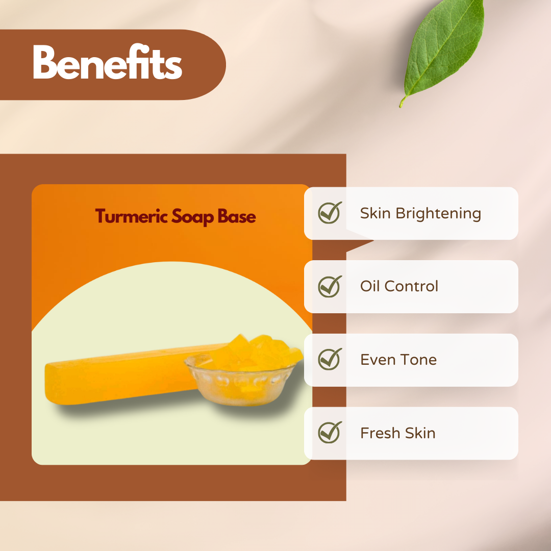  Benefits image featuring Turmeric Soap Base with a yellow soap bar and cubes. Text reads Skin Brightening, Oil Control, Even Tone, Fresh Skin. This turmeric soap base for handmade soap promotes radiant and clarified skin.
