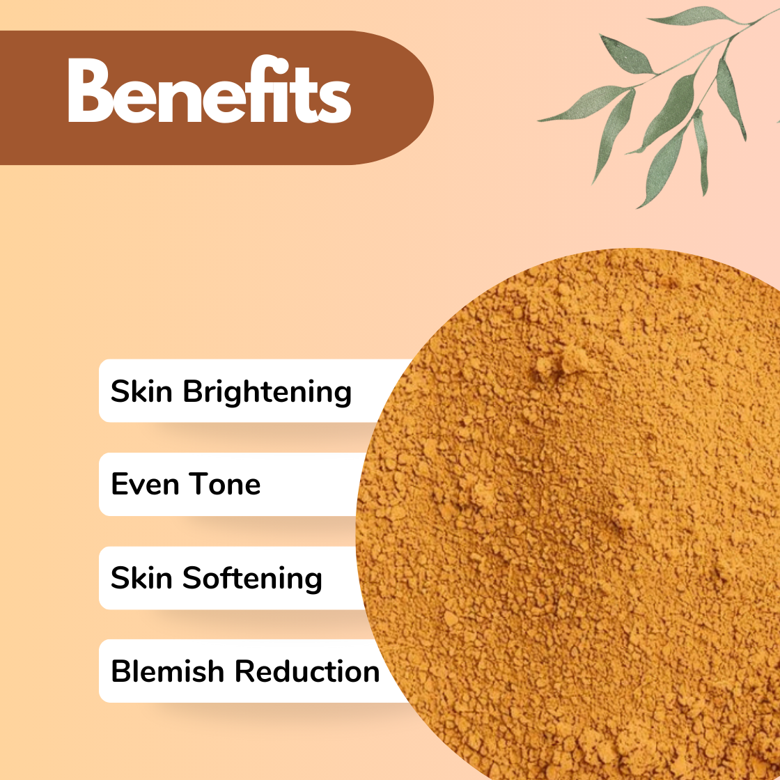 Natural Ubtan herbal powder benefits design showing skin brightening, even tone improvement, skin softening, and blemish reduction, featuring finely milled golden herbal powder ideal for brightening face packs and herbal beauty products.