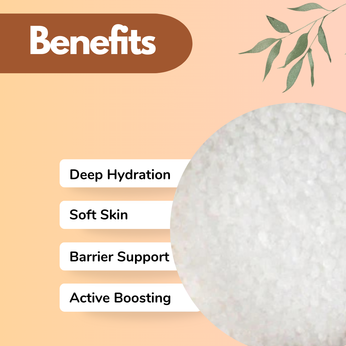  Infographic displaying fine white cosmetic "Urea" used as a hydrating skincare ingredient, highlighting benefits including Deep hydration, Soft Skin feel, Barrier Support and Active Boosting in formulations. Urea is a widely used cosmetic raw material and skincare formulation humectant that improves hydration, supports moisture retention, and enhances smooth skin texture in creams, lotions, moisturizers, and personal care cosmetic products used by cosmetic manufacturers.