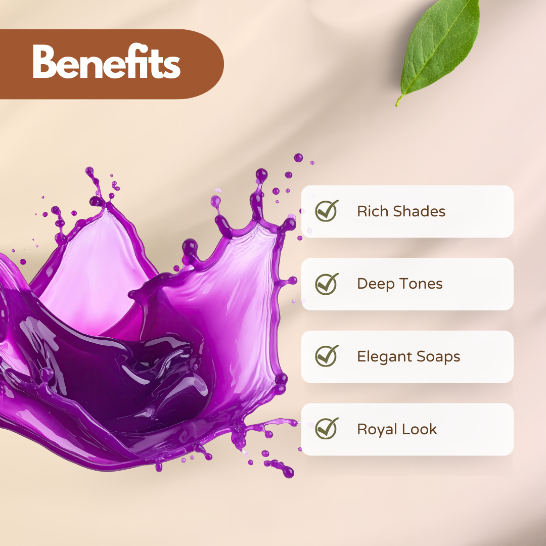 Violet soap color splash on beige background with a green leaf. Checklist highlights benefits: rich shades, deep tones, elegant soaps, royal look.