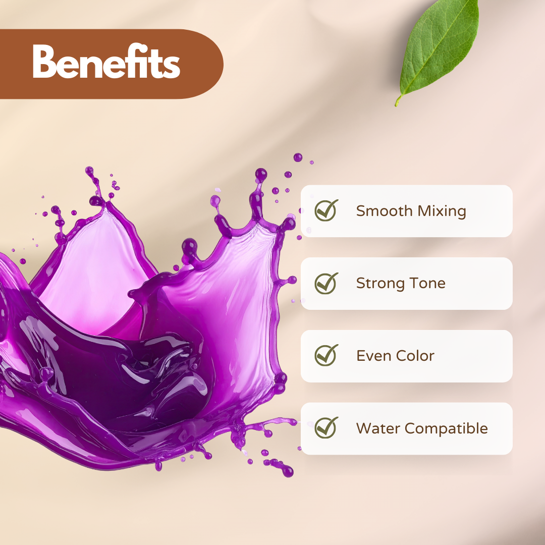 Voilet water soluble liquid pigment splash showing smooth mixing, strong tone, even color distribution and water compatibility for cosmetic and soap formulations.
