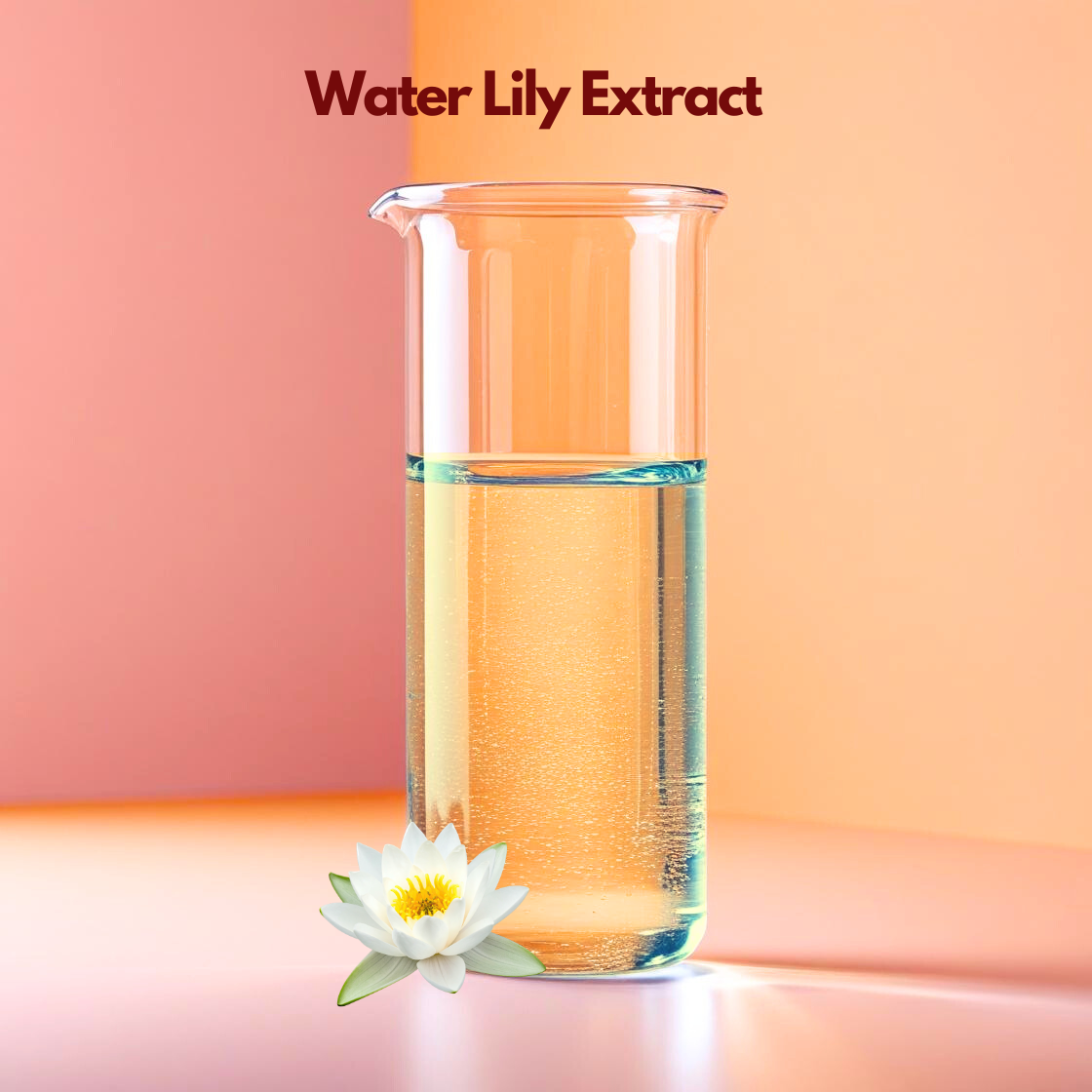 An elegant graphic for "Water Lily Extract" featuring the ingredient name at the top in bold maroon. The image displays a large, pristine white water lily flowers with multi layered pointed petals and yellow centers, resting on large, flat green lily pads. The scene is set against a soft, neutral background with gentle lighting and floating green leaves.