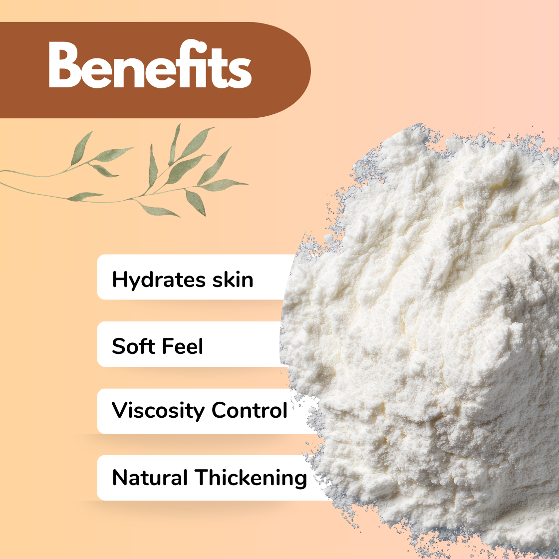  Cosmetic ingredient infographic showing Xanthan Gum powder in a wooden bowl on a beige background, highlighting formulation benefits including Natural Thickening, Hydrates skin, Soft Feel and Viscosity Control. Xanthan gum is a widely used cosmetic thickening agent and stabilizer in skincare formulations, cosmetic gels, creams, lotions and personal care products to improve product consistency and stability.
